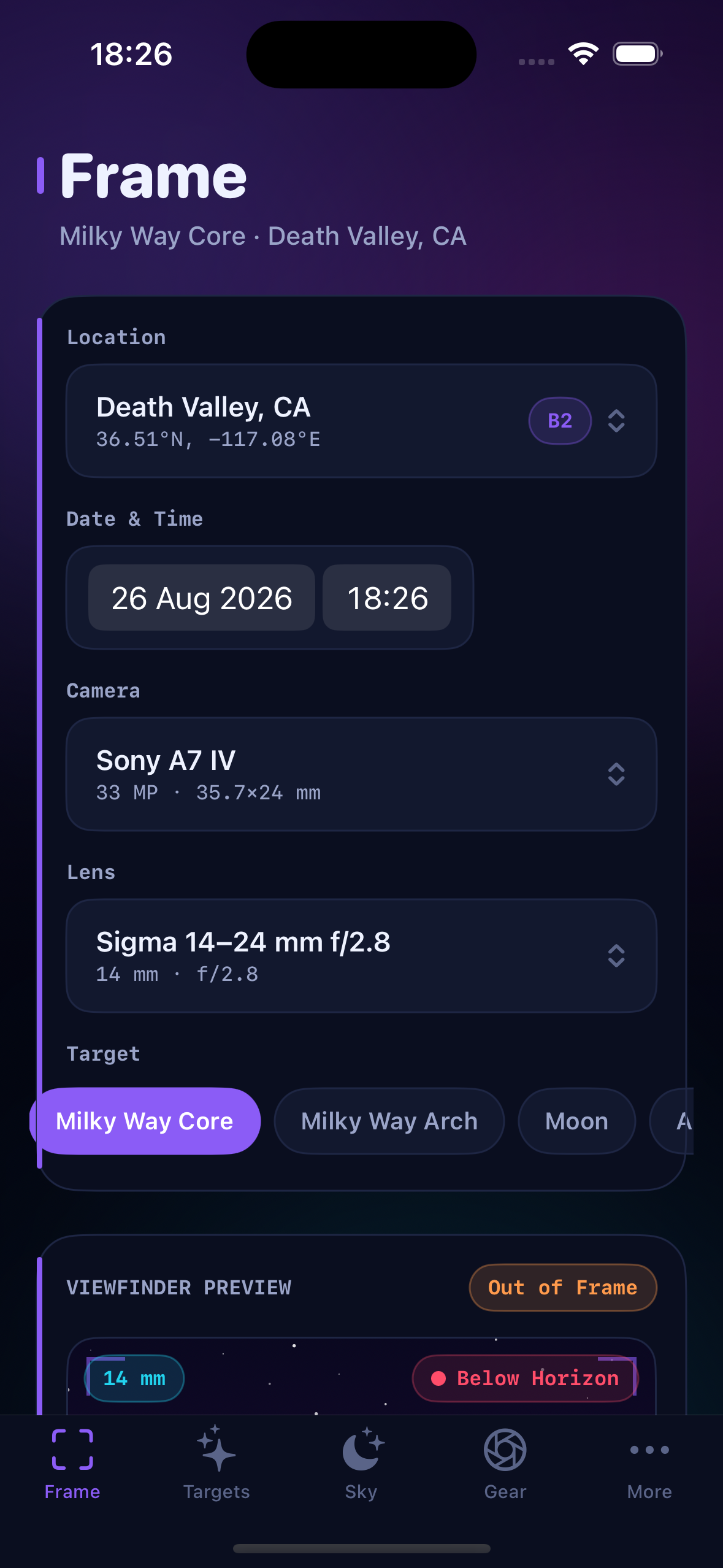 Frame tab with viewfinder preview and gear pickers